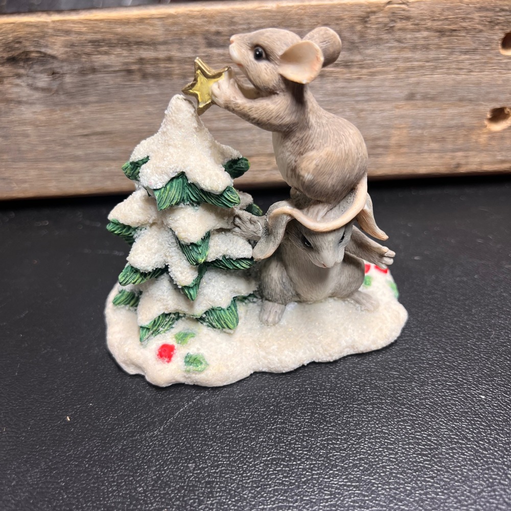 Christmas Mouse and Rabbit Figurine Placing Star on Snowy Tree Holiday Decor